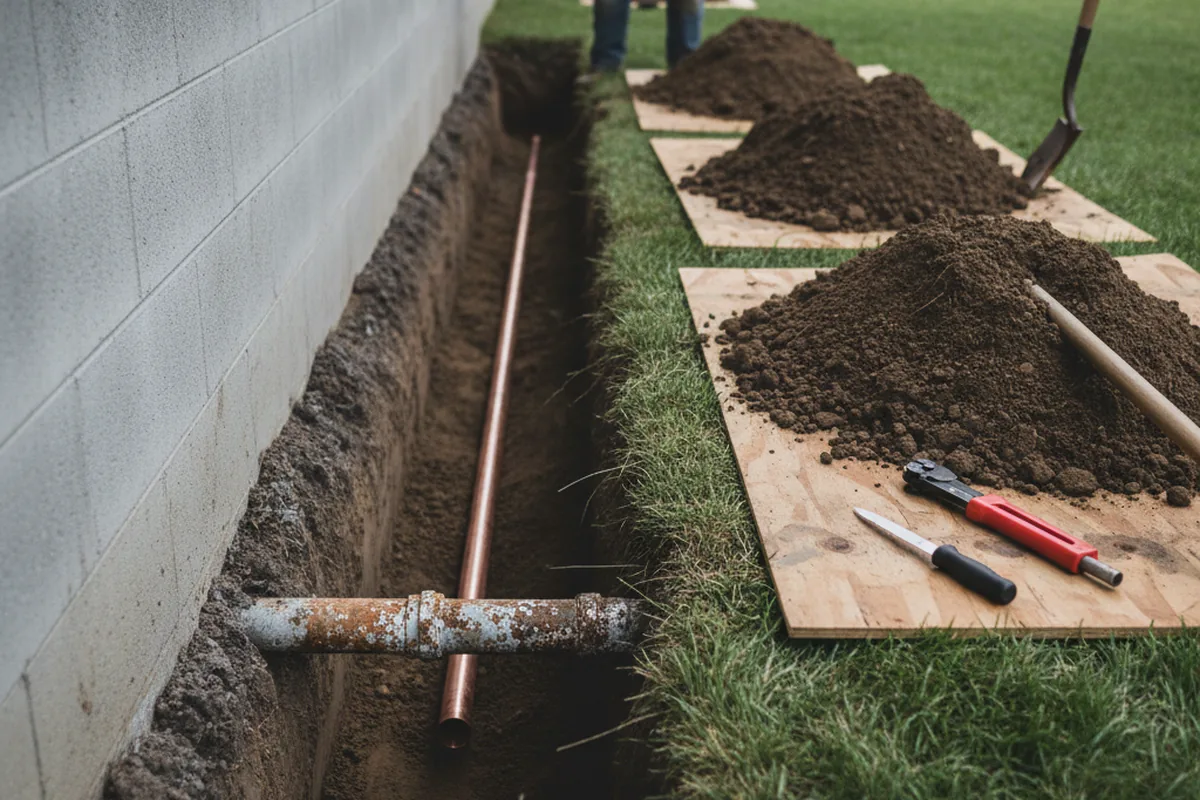Excavated water line trench during Sewer Line Repair in Speonk